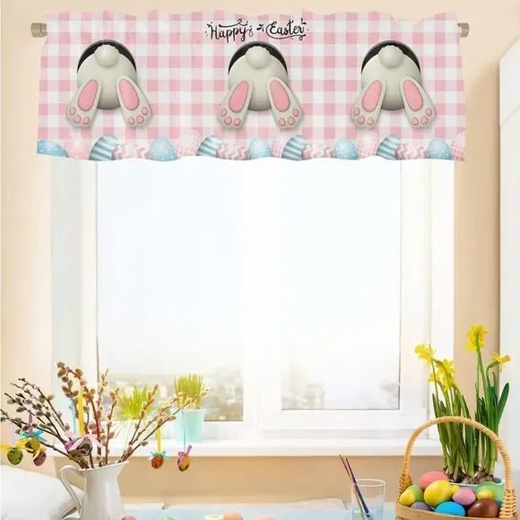 Easter Curtain Valances for Windows, Bunny Easter Eggs Floral Spring Pink Plaid - Picture 2 of 8